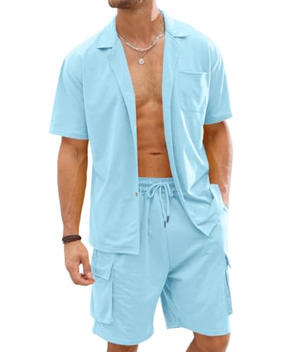 Fastkoala Herren Trainingsanzug Outfit Set Zweiteiler Knopf Anzüge Sommer Hemden & Kurze Jogginganzüge 2 Teiler Hellblau XXL von Fastkoala