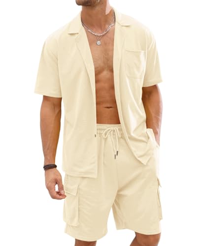 Fastkoala Herren Trainingsanzug Outfit Set Zweiteiler Knopf Anzüge Sommer Hemden & Kurze Jogginganzüge 2 Teiler Khaki L von Fastkoala