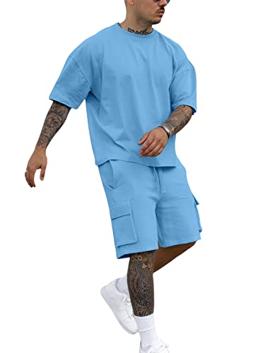 Fastkoala Herren Trainingsanzug Outfit Set Zweiteiler Rundhal Anzüge Sommer Oberteile & Kurze Jogginganzüge 2 Teiler Blau XL von Fastkoala