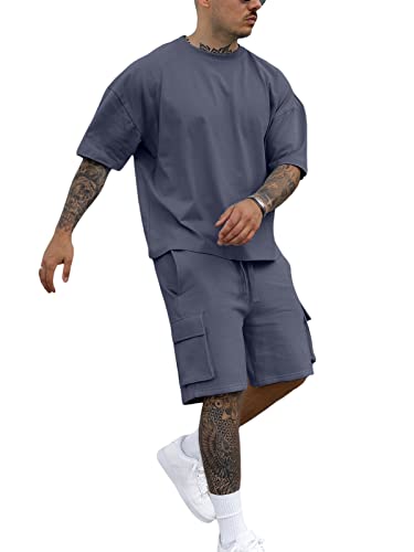 Fastkoala Herren Trainingsanzug Outfit Set Zweiteiler Rundhal Anzüge Sommer Oberteile & Kurze Jogginganzüge 2 Teiler Grau XXXL von Fastkoala