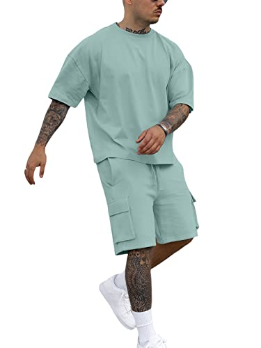 Fastkoala Herren Trainingsanzug Outfit Set Zweiteiler Rundhal Anzüge Sommer Oberteile & Kurze Jogginganzüge 2 Teiler Grün XXL von Fastkoala