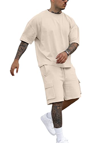 Fastkoala Herren Trainingsanzug Outfit Set Zweiteiler Rundhal Anzüge Sommer Oberteile & Kurze Jogginganzüge 2 Teiler Khaki XXL von Fastkoala