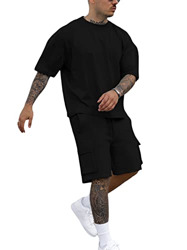 Fastkoala Herren Trainingsanzug Outfit Set Zweiteiler Rundhal Anzüge Sommer Oberteile & Kurze Jogginganzüge 2 Teiler Schwarz XXXL von Fastkoala