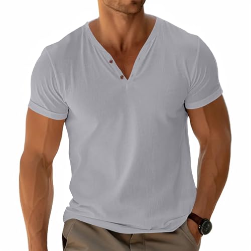 Herren Henley T-Shirt Basic Tees Kurzärmelig Oberteile Lässig Hemd Baumwolle Knopf Leichtes Weich Stretch Grau XXXL von Fastkoala
