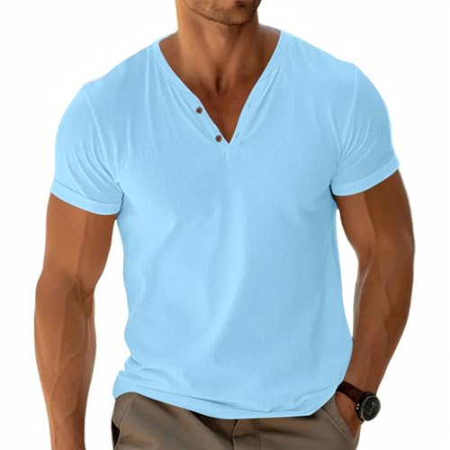 Herren Henley T-Shirt Basic Tees Kurzärmelig Oberteile Lässig Hemd Baumwolle Knopf Leichtes Weich Stretch Hellblau XXXL von Fastkoala