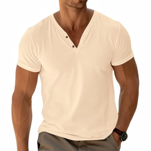 Herren Henley T-Shirt Basic Tees Kurzärmelig Oberteile Lässig Hemd Baumwolle Knopf Leichtes Weich Stretch Khaki M von Fastkoala