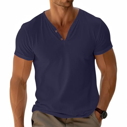 Herren Henley T-Shirt Basic Tees Kurzärmelig Oberteile Lässig Hemd Baumwolle Knopf Leichtes Weich Stretch Marine M von Fastkoala