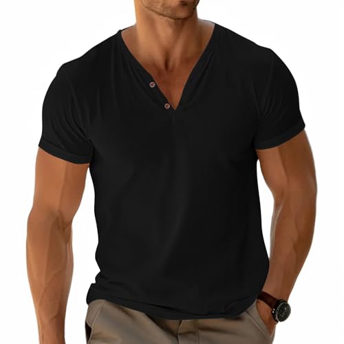 Herren Henley T-Shirt Basic Tees Kurzärmelig Oberteile Lässig Hemd Baumwolle Knopf Leichtes Weich Stretch Schwarz L von Fastkoala