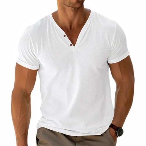 Herren Henley T-Shirt Basic Tees Kurzärmelig Oberteile Lässig Hemd Baumwolle Knopf Leichtes Weich Stretch Weiß M von Fastkoala