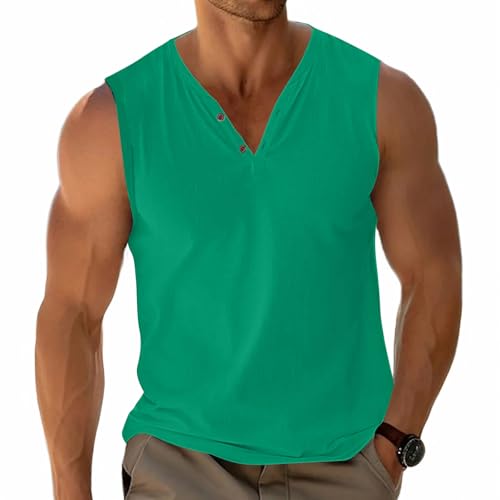 Herren Tank Tops Basic Unterhemd Ärmellos T-Shirts Henley Shirt Lässig Baumwolle Knopf Leichtes Weich Stretch Grün XL von Fastkoala
