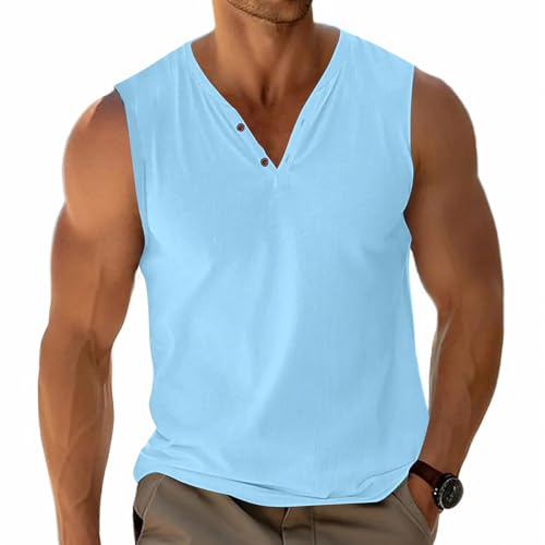 Herren Tank Tops Basic Unterhemd Ärmellos T-Shirts Henley Shirt Lässig Baumwolle Knopf Leichtes Weich Stretch Hellblau XXXL von Fastkoala