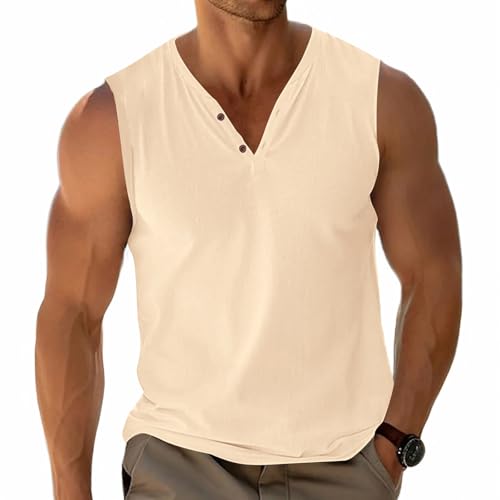Herren Tank Tops Basic Unterhemd Ärmellos T-Shirts Henley Shirt Lässig Baumwolle Knopf Leichtes Weich Stretch Khaki XXL von Fastkoala