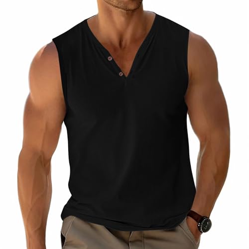 Herren Tank Tops Basic Unterhemd Ärmellos T-Shirts Henley Shirt Lässig Baumwolle Knopf Leichtes Weich Stretch Schwarz XXL von Fastkoala