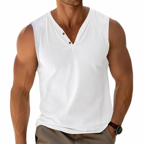 Herren Tank Tops Basic Unterhemd Ärmellos T-Shirts Henley Shirt Lässig Baumwolle Knopf Leichtes Weich Stretch Weiß L von Fastkoala