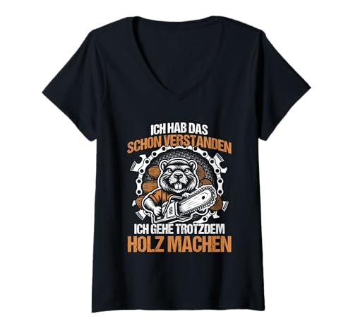 Damen Holz Machen Holzfäller Waldarbeiter Kettensäge Holz T-Shirt mit V-Ausschnitt Damen Holz Machen Holzfäller Waldarbeiter Kettensäge Holz T-Shirt mit V-Ausschnitt von Faszination Holz