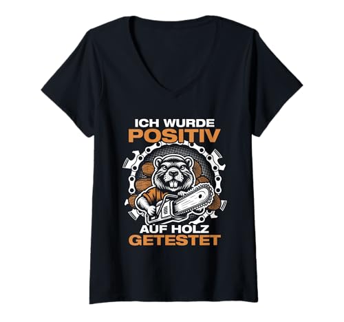Damen Positiv auf Holz getestet Forstwirt Holzfäller Waldarbeiter T-Shirt mit V-Ausschnitt Damen Positiv auf Holz getestet Forstwirt Holzfäller Waldarbeiter T-Shirt mit V-Ausschnitt von Faszination Holz