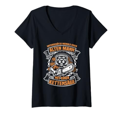 Damen Unterschätze Niemals einen Alten Mann Kettensäge Holzfäller T-Shirt mit V-Ausschnitt Damen Unterschätze Niemals einen Alten Mann Kettensäge Holzfäller T-Shirt mit V-Ausschnitt von Faszination Holz