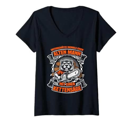 Damen Unterschätze Niemals einen Alten Mann Kettensäge Holzfäller T-Shirt mit V-Ausschnitt Damen Unterschätze Niemals einen Alten Mann Kettensäge Holzfäller T-Shirt mit V-Ausschnitt von Faszination Holz