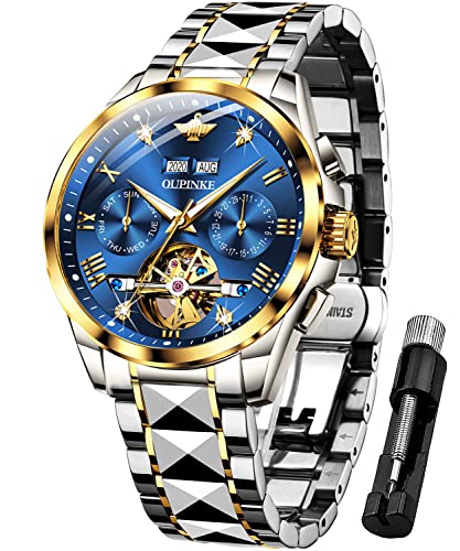 Schweizer Marke Herren Luxus Uhr Automatik Mechanisch Selbstaufzug Saphir Kristall Wolfram Edelstahl Wasserdicht Zwei Ton Business Kleid Uhren blau von OUPINKE