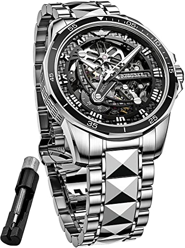 Schweizer Zertifizierung Herrenuhren Skelett Automatik Luxus Armbanduhr Mechanisch Selbstaufzug Saphir Kristall Wolfram Stahl Wasserdicht Leuchtend Business Kleid Uhr für Männer Geschenke Silberfarbenes und schwarzes Zifferblatt von Fate Love