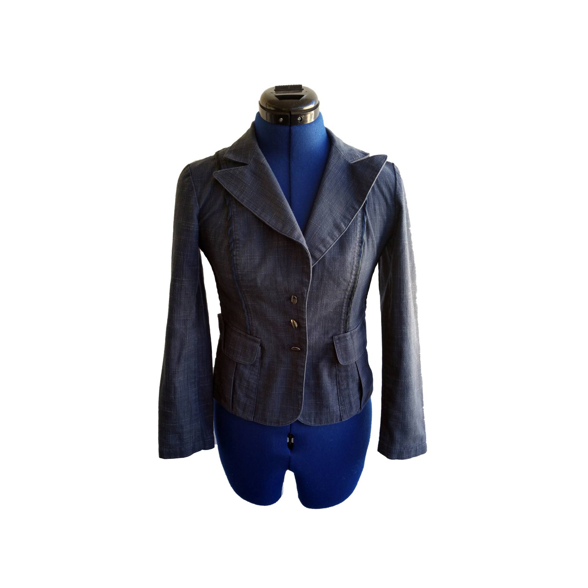 Vintage Focus 2000 Blazer Jacke Damen Größe 2P Petite Blau Check Satin Trim 3 Button von FateOrFaded