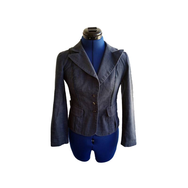 Vintage Focus 2000 Blazer Jacke Damen Größe 2P Petite Blau Check Satin Trim 3 Button von FateOrFaded