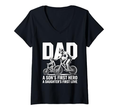 Damen Papa Der erste Held eines Sohnes Die Liebe Einer Tochter Bike MX T-Shirt mit V-Ausschnitt von Father and Son Design Apparel