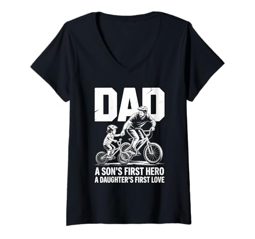 Damen Papa Der erste Held eines Sohnes Die Liebe Einer Tochter Bike MX T-Shirt mit V-Ausschnitt von Father and Son Design Apparel