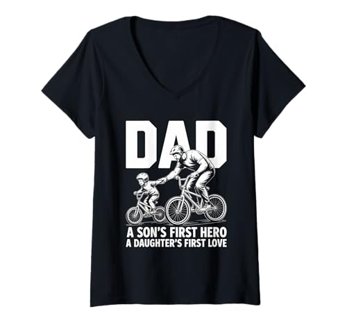 Damen Papa Der erste Held eines Sohnes Die Liebe Einer Tochter Bike MX T-Shirt mit V-Ausschnitt von Father and Son Design Apparel