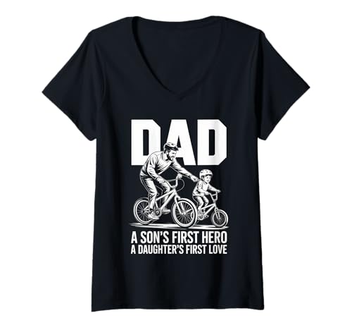 Damen Papa Der erste Held eines Sohnes Die Liebe Einer Tochter T-Shirt mit V-Ausschnitt von Father and Son Design Apparel