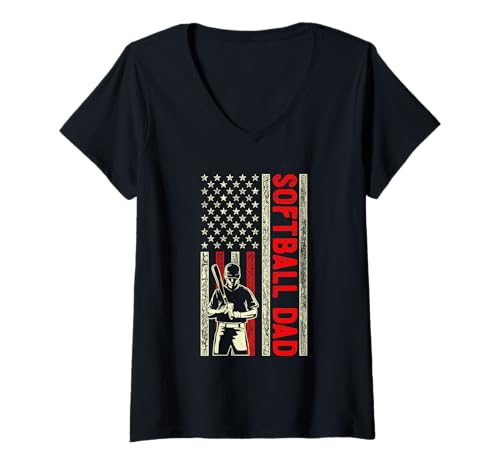 Damen Softball Dad Vintage American Flag Birthday Father's Day T-Shirt mit V-Ausschnitt Damen Softball Dad Vintage American Flag Birthday Father's Day T-Shirt mit V-Ausschnitt von Father's Day Birthday Gift Idea