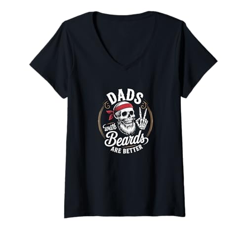 Damen Dads With Beards Are Better Skelett Lustiger Vatertagsschädel T-Shirt mit V-Ausschnitt von Father's Day Dad Jokes Tee