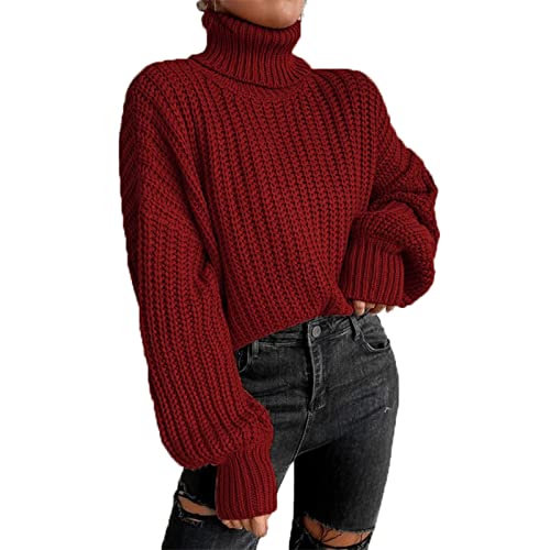 Rollkragenpullover Damen,Strickpullover Mode Langarm Strick Damen Pullover, Grobstrick-Pullover Damen Langarm Elegant Winterpullover Oversize Grobstrickpullover Sweatshirt Strickpulli(M-Weinrot) von Fauitay