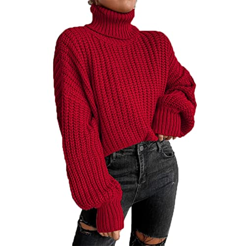 Rollkragenpullover Damen,Strickpullover Mode Langarm Strick Damen Pullover, Grobstrick-Pullover Damen Langarm Elegant Winterpullover Oversize Grobstrickpullover Sweatshirt Strickpulli Sweater(L-Rot) von Fauitay