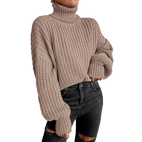 Rollkragenpullover Damen,Strickpullover Mode Langarm Strick Damen Pullover, Grobstrick-Pullover Damen Langarm Elegant Winterpullover Oversize Grobstrickpullover Sweatshirt Strickpulli Sweater(M-Khaki) von Fauitay