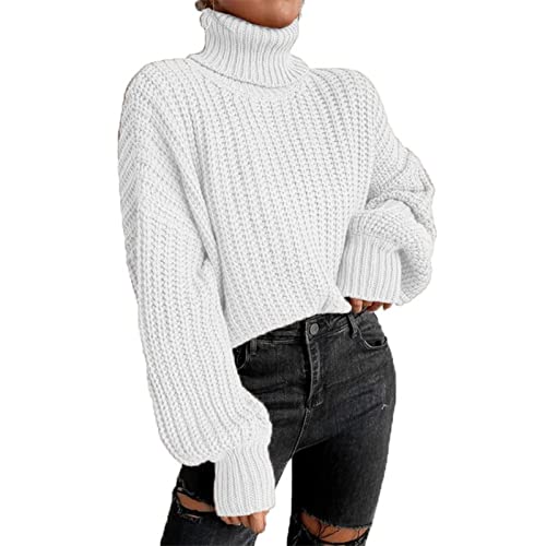 Rollkragenpullover Damen,Strickpullover Mode Langarm Strick Damen Pullover, Grobstrick-Pullover Damen Langarm Elegant Winterpullover Oversize Grobstrickpullover Sweatshirt Strickpulli Sweater(M-Weiß) von Fauitay