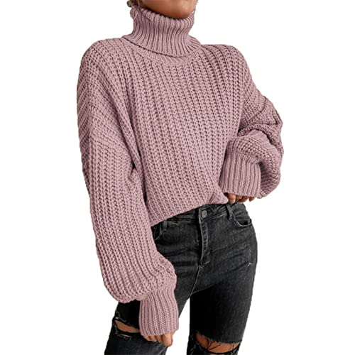 Rollkragenpullover Damen,Strickpullover Mode Langarm Strick Damen Pullover, Grobstrick-Pullover Damen Langarm Elegant Winterpullover Oversize Grobstrickpullover Sweatshirt Strickpulli Sweater(M-Rosa) von Fauitay