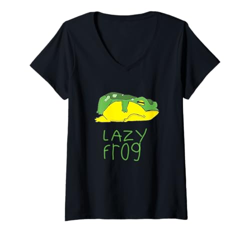 Damen Lustiges Design eines faulen Frosches, der auf Seiner Seite T-Shirt mit V-Ausschnitt Damen Lustiges Design eines faulen Frosches, der auf Seiner Seite T-Shirt mit V-Ausschnitt von Fauler Frosch