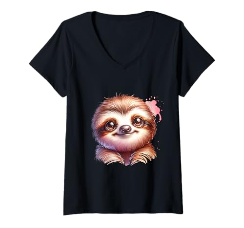 Damen Süßes Faultier Tiermotiv für Kinder Fans T-Shirt mit V-Ausschnitt von Fauli Tierfreunde Kindergeburtstag Motive