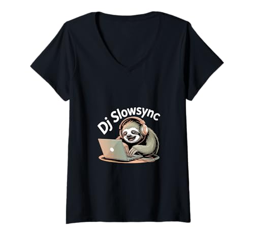 Damen Dj Slowsync Faultier Kopfhörer Laptop EDM Club T-Shirt mit V-Ausschnitt Damen Dj Slowsync Faultier Kopfhörer Laptop EDM Club T-Shirt mit V-Ausschnitt von Faultier DJ Musik Chillout Club Party