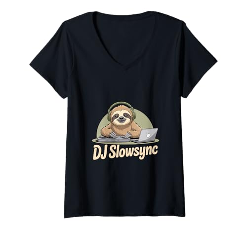 Damen DJ Slowsync Faultier DJ Plattenspieler Kopfhoerer Laptop T-Shirt mit V-Ausschnitt Damen DJ Slowsync Faultier DJ Plattenspieler Kopfhoerer Laptop T-Shirt mit V-Ausschnitt von Faultier DJ Musik Club Party Chill Beats