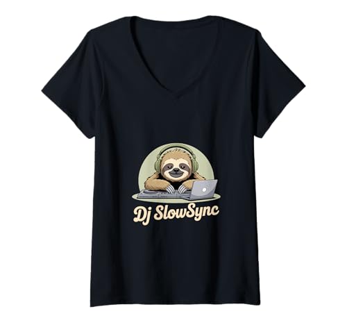 Damen Dj SlowSync Faultier DJ Kopfhörer Mischpult Club T-Shirt mit V-Ausschnitt Damen Dj SlowSync Faultier DJ Kopfhörer Mischpult Club T-Shirt mit V-Ausschnitt von Faultier DJ Musik Mixer Kopfhörer Laptop Club