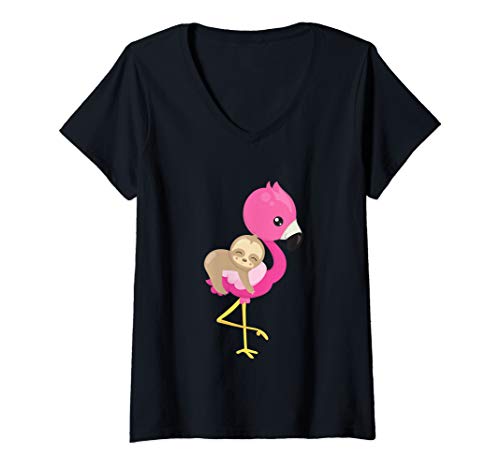 Damen Faultier Rosa Flamingo-Vogel süßer Sommer T-Shirt mit V-Ausschnitt Damen Faultier Rosa Flamingo-Vogel süßer Sommer T-Shirt mit V-Ausschnitt von Faultier Flamingo Design Co.