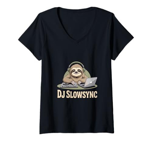 Damen DJ Slowsync Faultier DJ Kopfhörer Mischpult Musik T-Shirt mit V-Ausschnitt Damen DJ Slowsync Faultier DJ Kopfhörer Mischpult Musik T-Shirt mit V-Ausschnitt von Faultier Humor Langsam Chill Club EDM Party