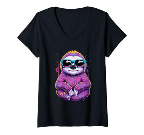 Damen Schlafmütze Faul Chillen Entspannen Faultier T-Shirt mit V-Ausschnitt von Faultier In Schönen Farben Motiv