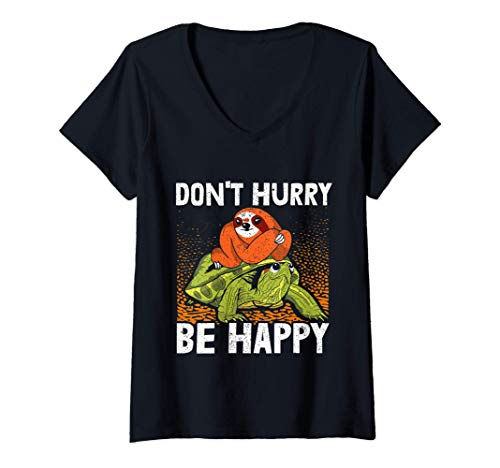 Damen Don't Hurry Be Happy Faultier Schildkröte Chillkröte Chillen T-Shirt mit V-Ausschnitt Damen Don't Hurry Be Happy Faultier Schildkröte Chillkröte Chillen T-Shirt mit V-Ausschnitt von Faultier Outfit Schildkröten Besitzer Chillkröten