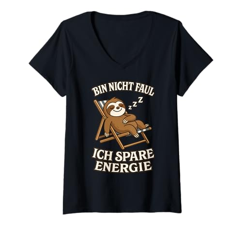Damen Morgenmuffel Chill Faul Faultier Mitarbeiter, Bin Nicht faul T-Shirt mit V-Ausschnitt von Faultier Schlafshirt Schlahemd für Herren & Damen