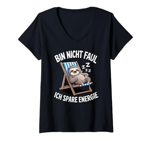 Damen Morgenmuffel Chill & Faul Faultier Energiesparmodus T-Shirt mit V-Ausschnitt von Faultier Schlafshirt Schlahemd für Herren & Damen
