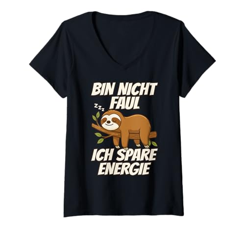 Damen Morgenmuffel Faultier Müde Faul Mitarbeiter, Bin Nicht faul T-Shirt mit V-Ausschnitt von Faultier Schlafshirt Schlahemd für Herren & Damen