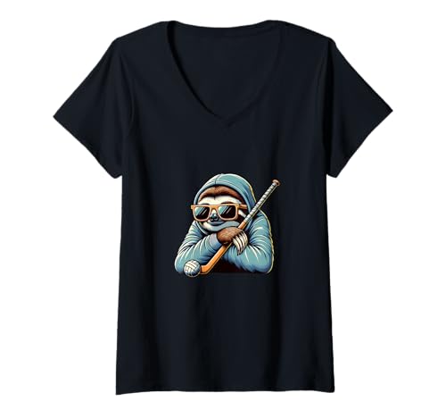 Damen Lässiges Faultier Mit Sonnenbrille Und Baseballschläger T-Shirt mit V-Ausschnitt Damen Lässiges Faultier Mit Sonnenbrille Und Baseballschläger T-Shirt mit V-Ausschnitt von Faultier Streetstyle Sonnenbrille Hoodie Cool